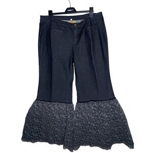 A Rare Bird‎ Denim Gaucho Pants Lace Trim Wide Leg Cropped L/XL Handmade Boho